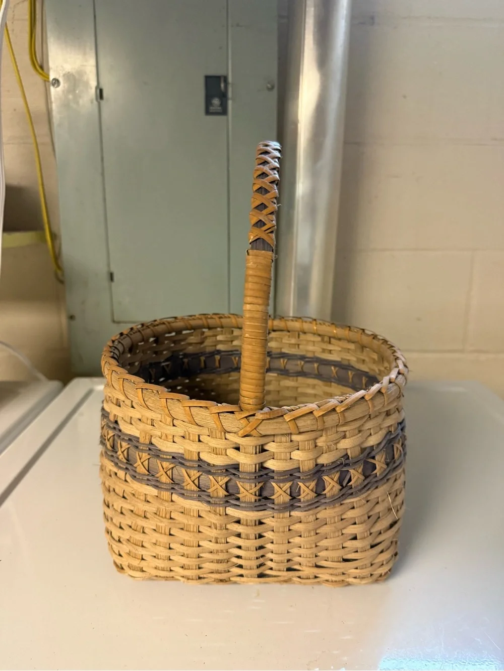 Vintage Hand Woven Basket with Blue Accents Rustic Country Farmhouse